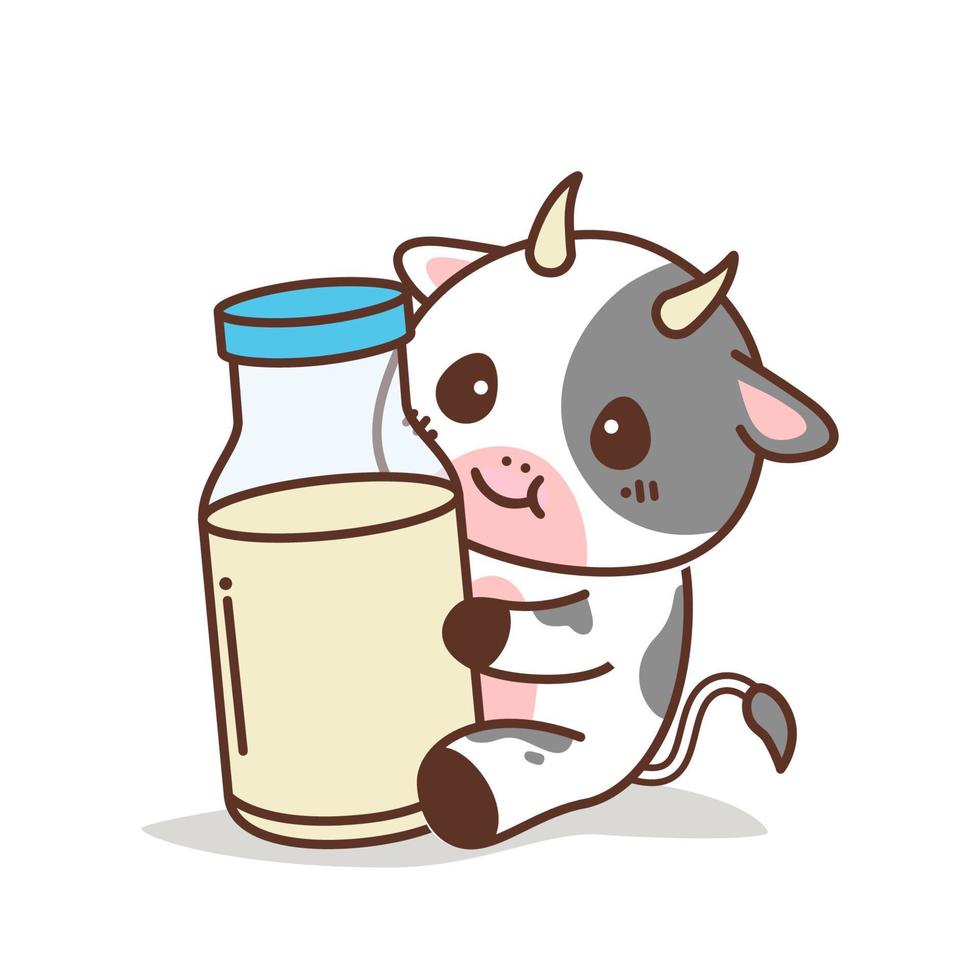 schattige koe met een fles melk vector
