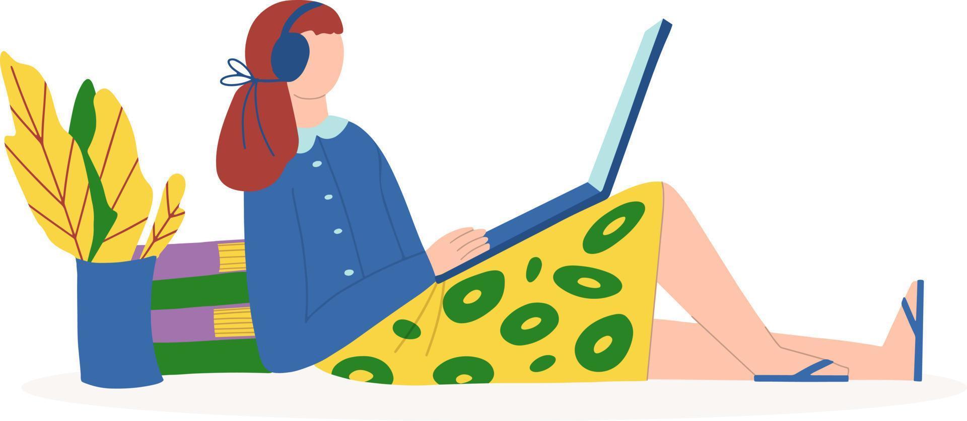 een vrouw zit thuis achter haar laptop. online leren en werken vanuit huis. een computervideospel spelen. communicatie via internet. vector