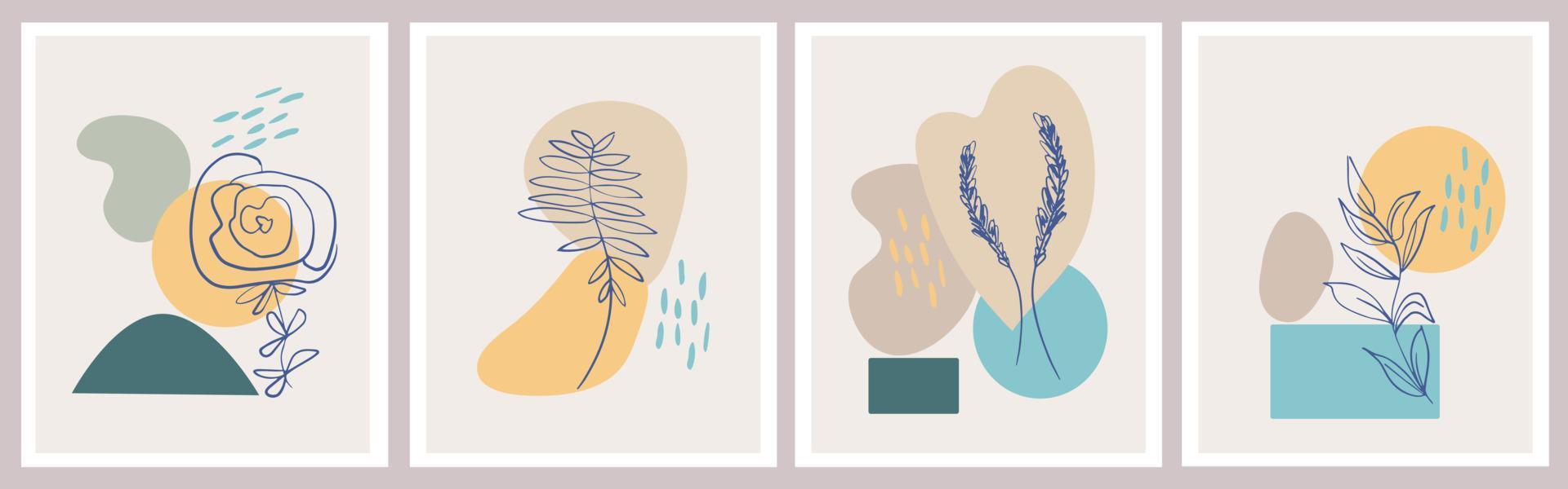 een set creatieve posters. moderne abstracte achtergrond in pastelkleuren. minimale geometrische vormen, botanische planten- en bloemelementen, lijntekeningen vector