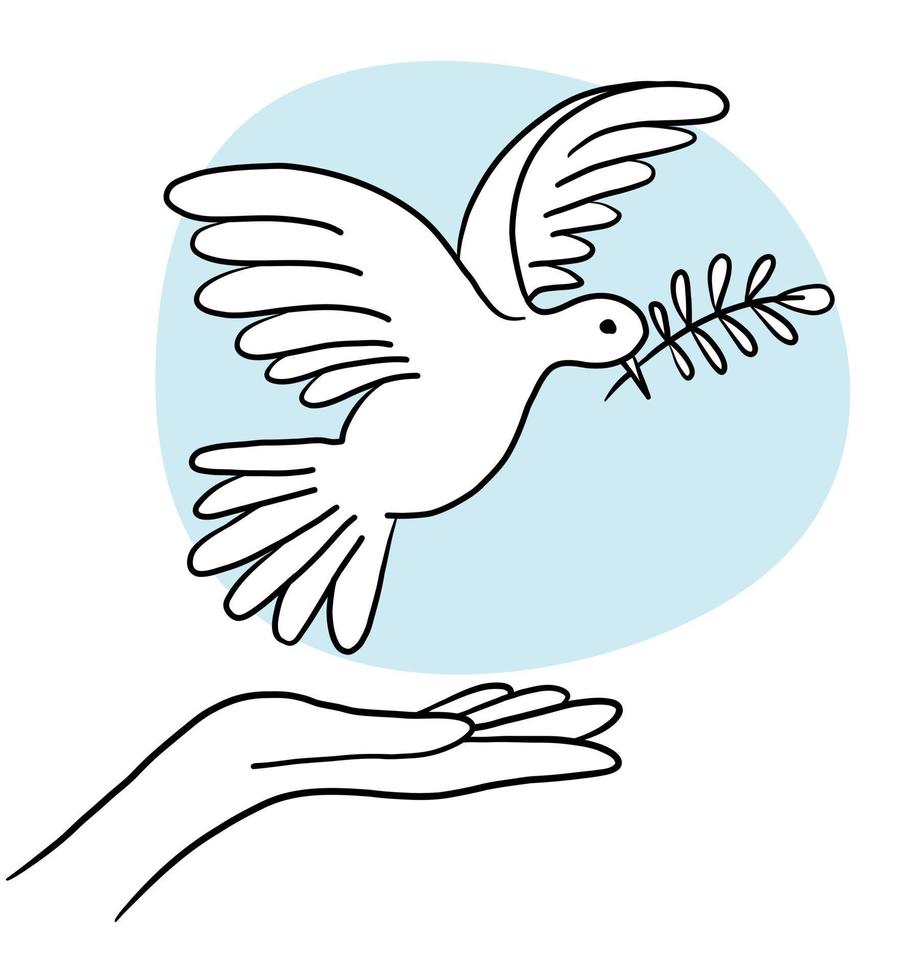 handen laten een vliegende duif met een tak los. vredesduif op een achtergrond van blauwe lucht. handgetekende lijnschets. vogel symbool van hoop, embleem tegen geweld en militaire conflicten vector