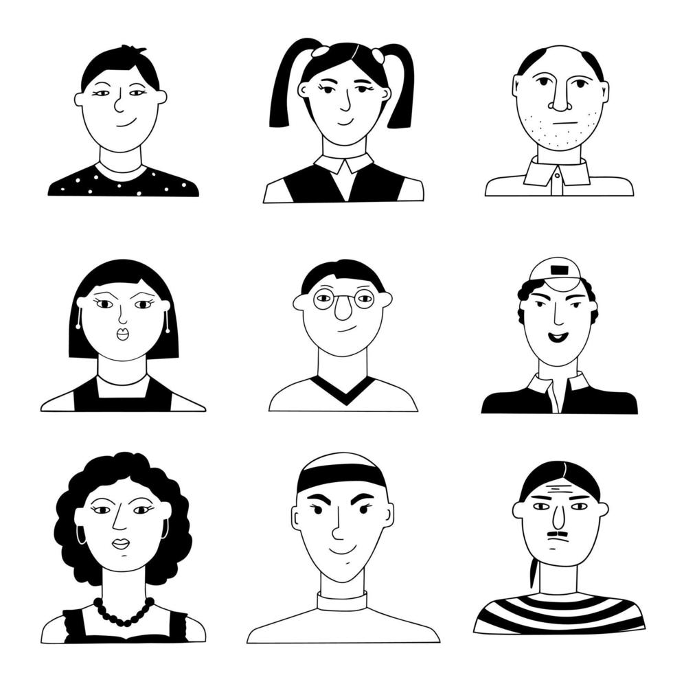 vector set portretten van mensen. cartoon grappige minimalistische vrouwelijke en mannelijke personages. tekeningen van gezichten van mensen met verschillende emoties en stemmingen. avatar voor sociale netwerken