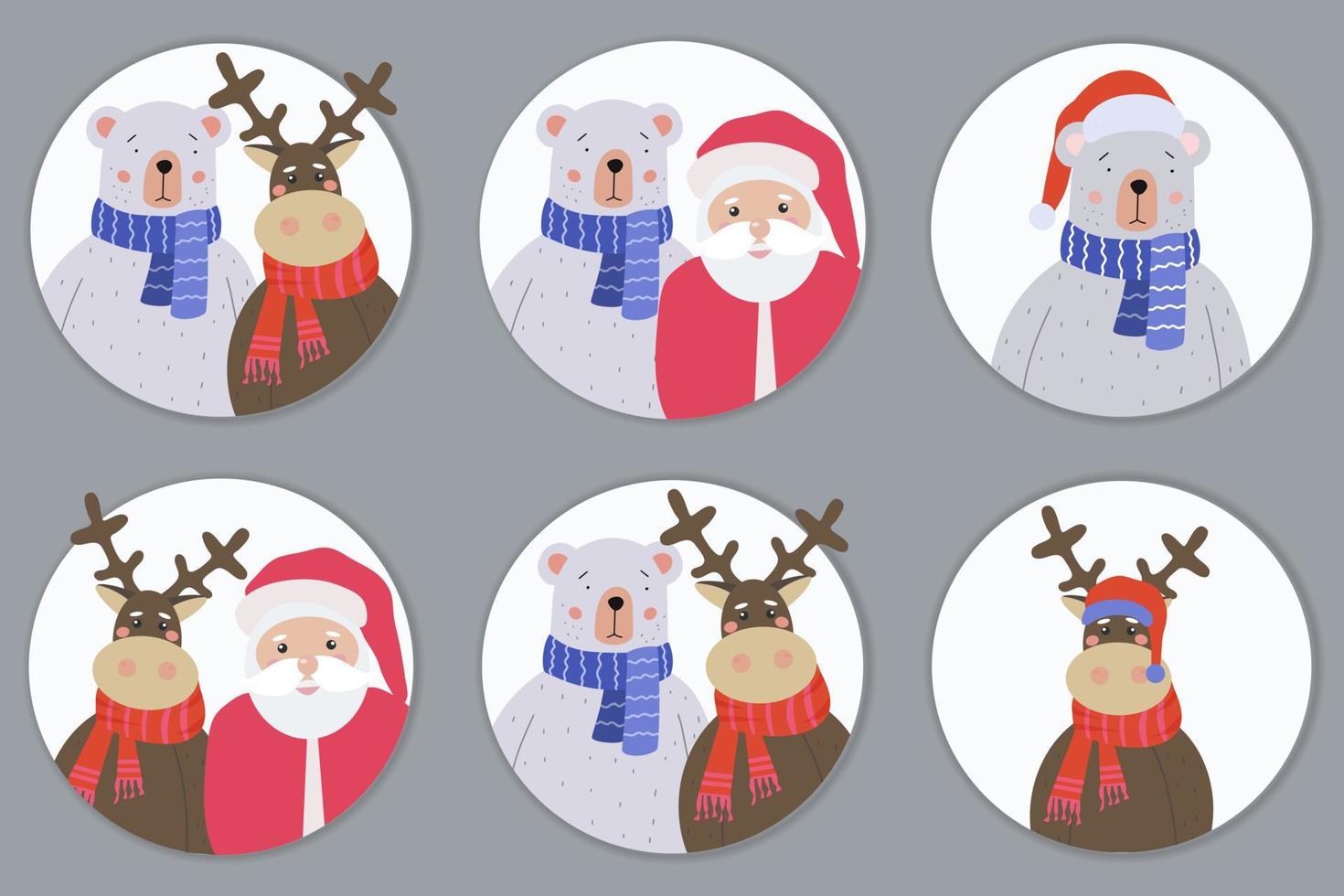 een set wenskaarten voor prettige kerstdagen en gelukkig nieuwjaar. teddybeer, rendier en sanja claus vector