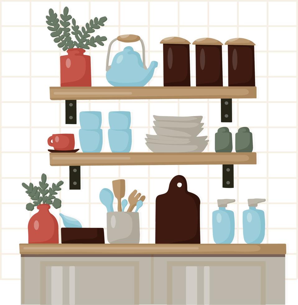keukenplanken met keukengerei en diverse decoraties. gemak en rangschikking van items om te koken vector