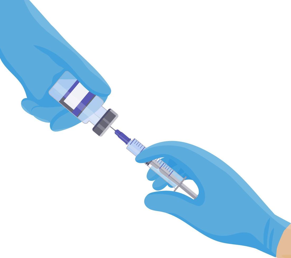 een spuit en een injectieflacon met medicijnen. arts handen in blauwe beschermende medische handschoenen. griepvaccinatie, anesthesie, cosmetische injecties in cosmetologie vector