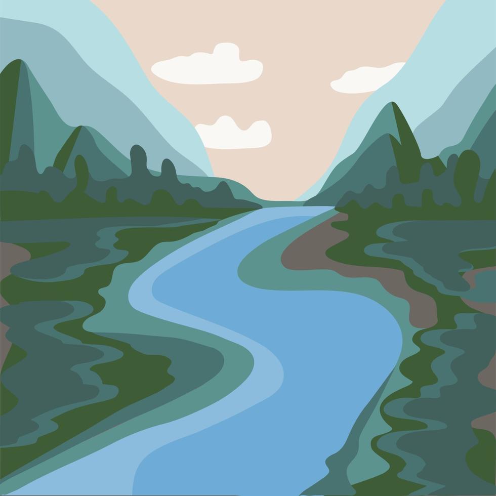 Adobe ivector illustratie van een lente of zomer landschap. bergen met weilanden en bomen. blauwe rivier. serene natuur vector