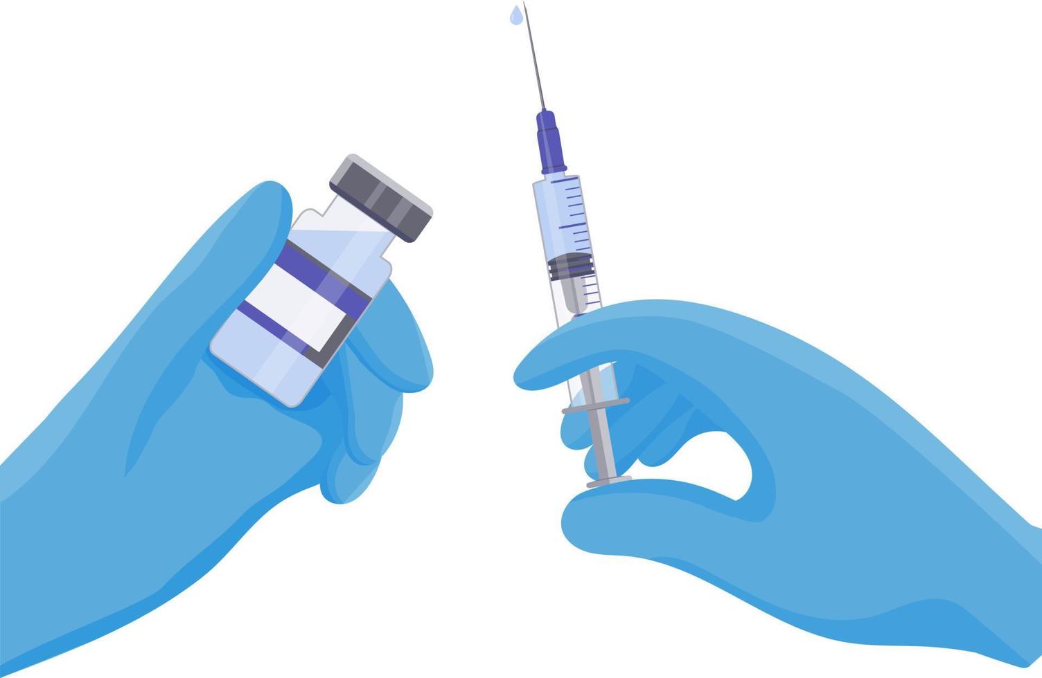 een spuit en een injectieflacon met medicijnen. arts handen in blauwe beschermende medische handschoenen. griepvaccinatie, anesthesie, cosmetische injecties in cosmetologie vector