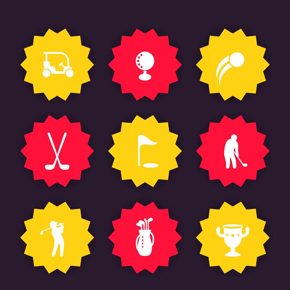 golfpictogrammen, badges met clubs, golfers, golftas vector