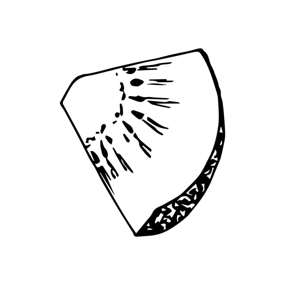 handgetekende eenvoudige vectorillustratie in zwarte omtrek. driehoekige plakje kiwi's geïsoleerd op een witte achtergrond. ingrediënt, koken, dessert, vitamine, menu, logo, sticker. vector