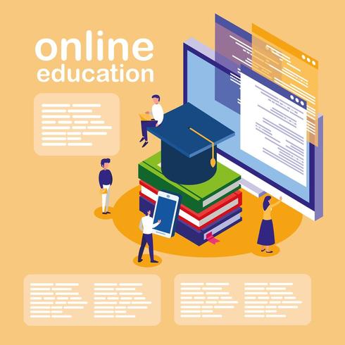 online onderwijs met desktop en mini-mensen vector