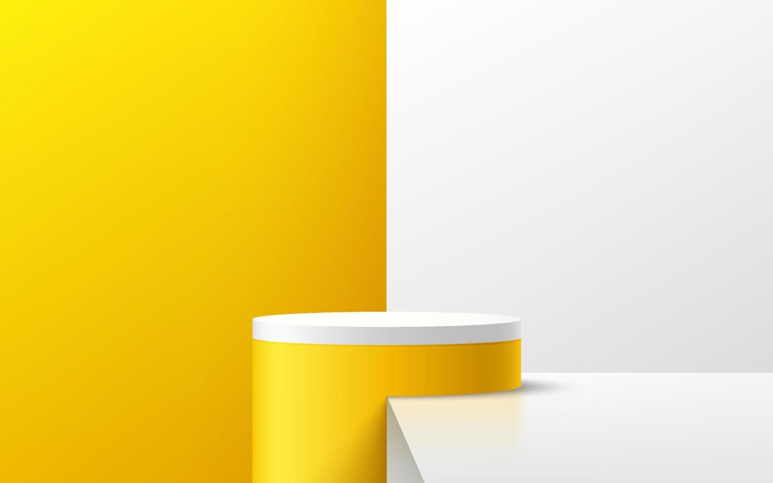 abstracte witte en gele cilinder platform podium. heldere gele en witte minimale muurscène. moderne vector rendering 3D-vorm voor product display presentatie. geometrisch voetstukontwerp.