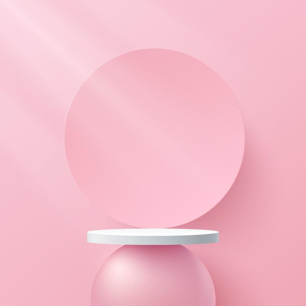 zoet roze, wit cilinder voetstuk podium. platform geometrische vorm. zoete roze minimale muurscène met cirkelachtergrond. pastel kleur abstracte kamer. vector rendering 3D-vorm voor productpresentatie