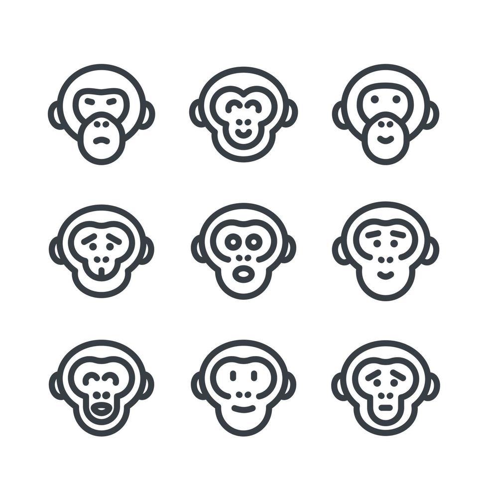 apen, aap, chimpansee lineaire pictogrammen over wit vector