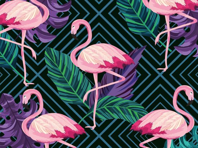 Exotische flamingo&#39;s dieren en bladeren retro achtergrond vector