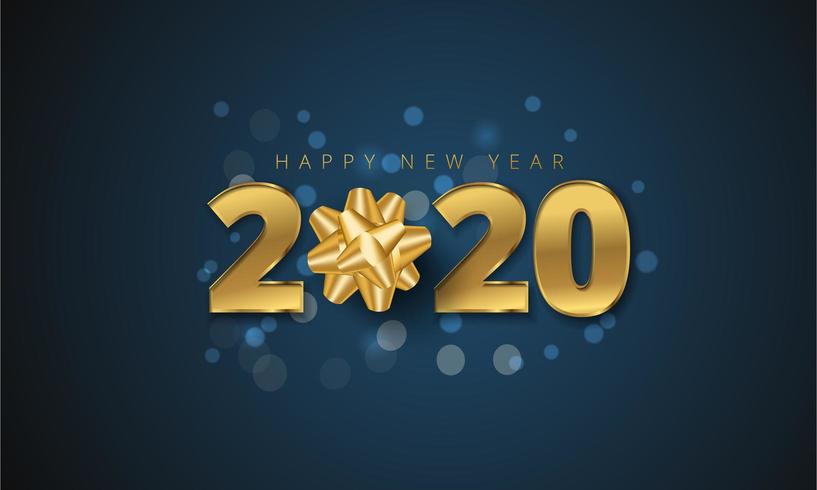 2020 gelukkig Nieuwjaar wenskaart met gouden geschenk boog op blauwe bokeh vector