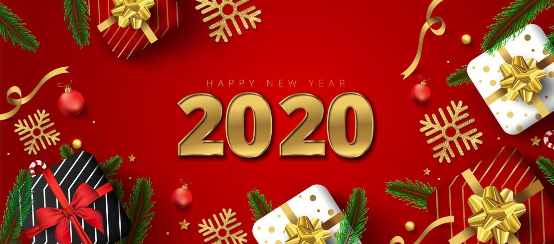 2020 belettering met geschenkdozen, gouden sneeuwvlokken, kerstballen, sterren en pijnboombladeren vector