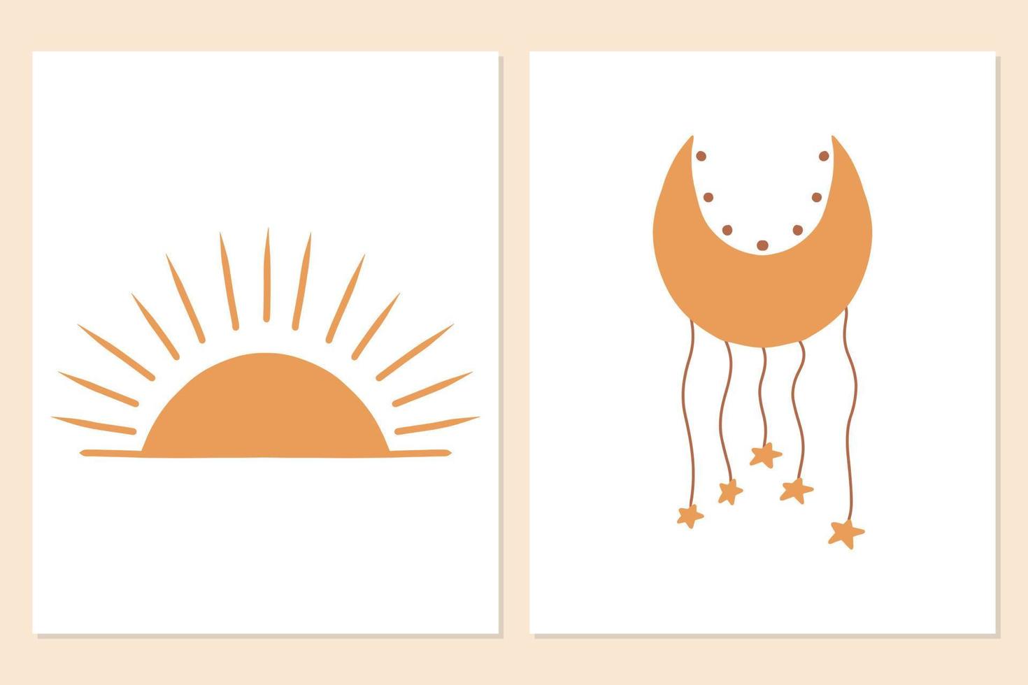 set posters met zon en dromenvanger in boho-stijl. posters in scandinavische stijl met zon. getrokken kaarten. vectorillustratie. vector