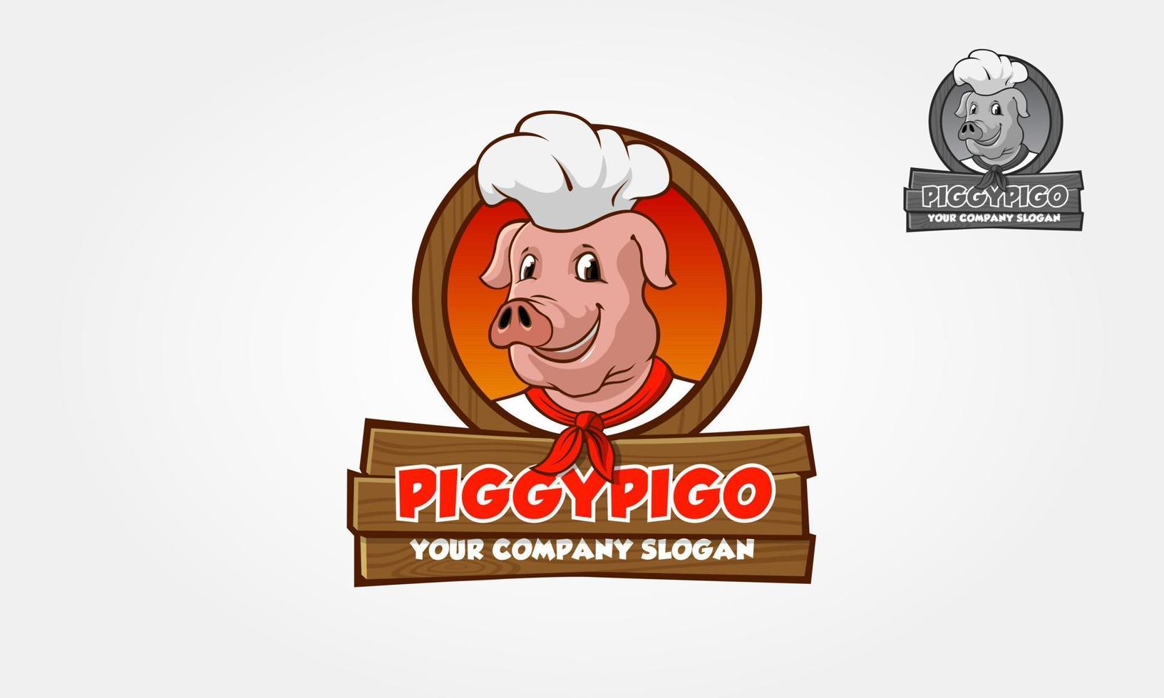 Piggy Pigo vector logo stripfiguur. cartoon chef-kok varken. vector illustraties illustratie met eenvoudige hellingen.