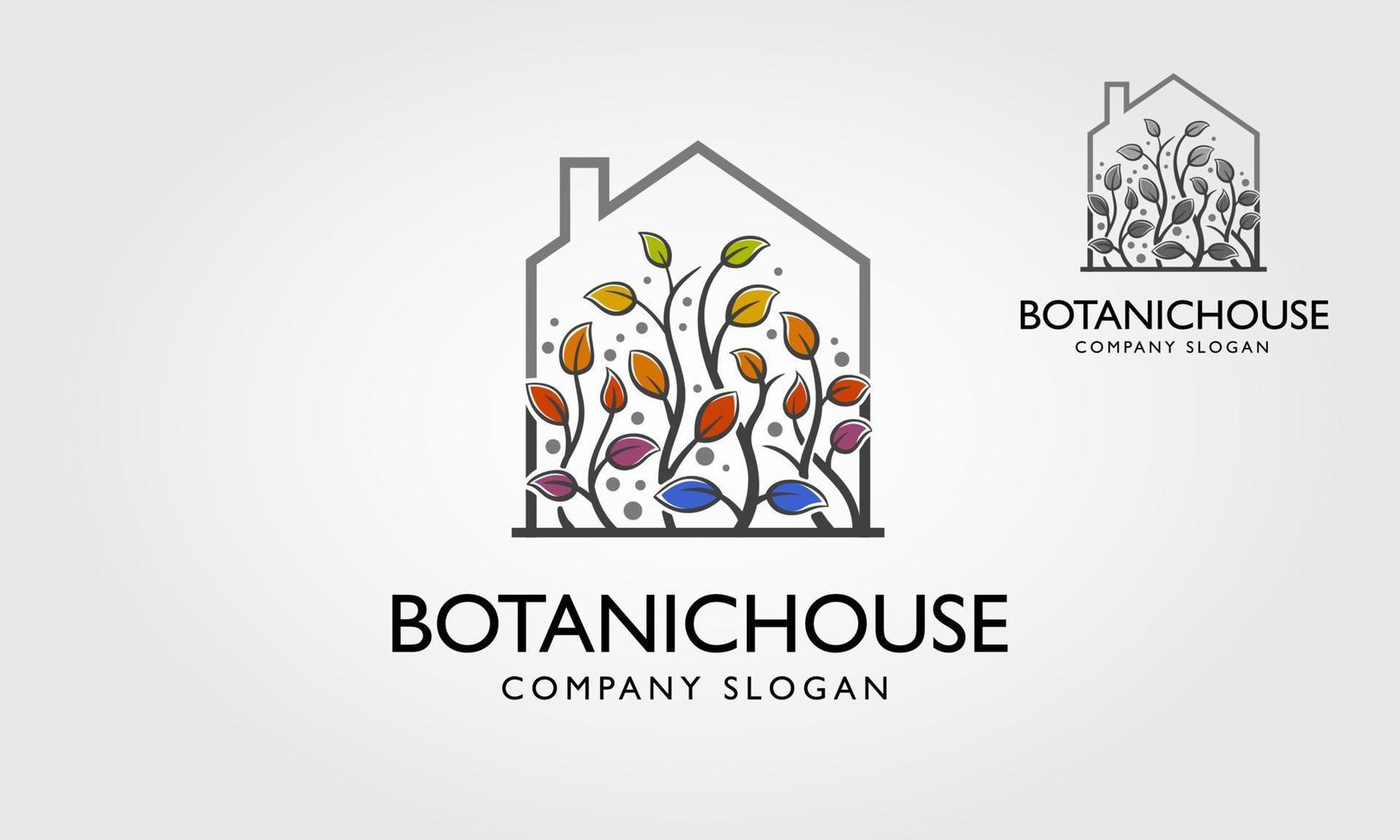 botanische huis vector logo sjabloon. het belangrijkste symbool van het logo is een tuin, geïntegreerd in het huis. dit logo symboliseert een buurt-, lente-, groei-, natuur-, ecologisch en milieuconcept