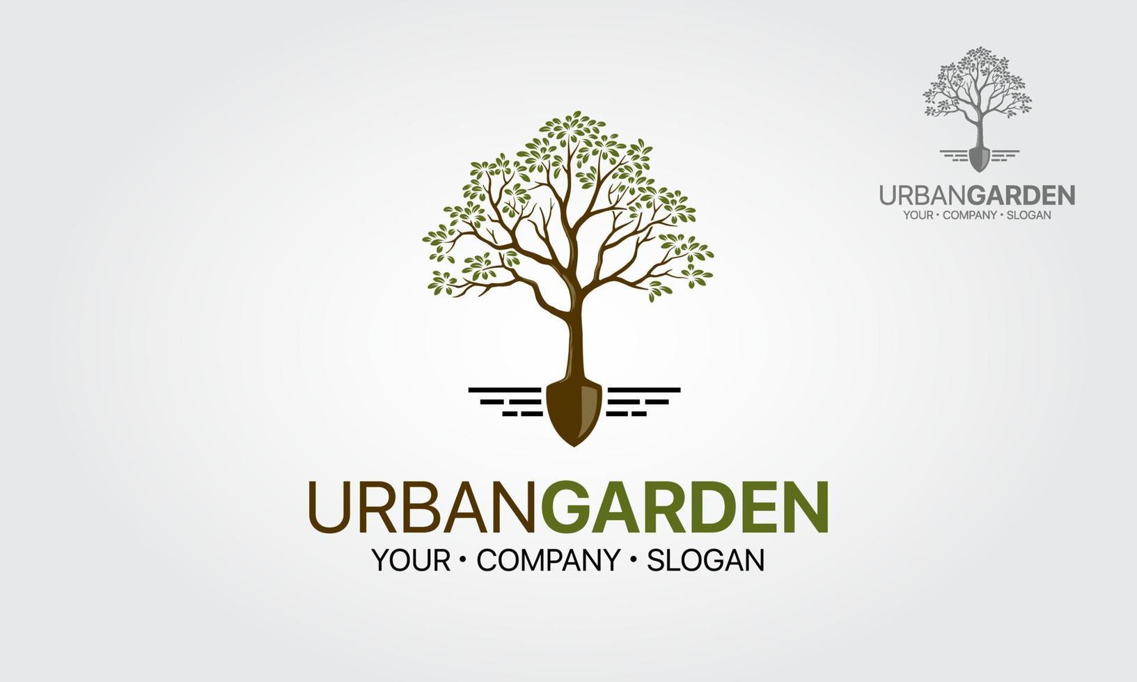 stedelijke tuin boom schop vector logo sjabloon. een natuurlijk logo dat kan worden gebruikt voor landschapsarchitectuur, tuinieren, binnentuinieren, landbouw, landbouw of elk ander project dat u nodig acht.