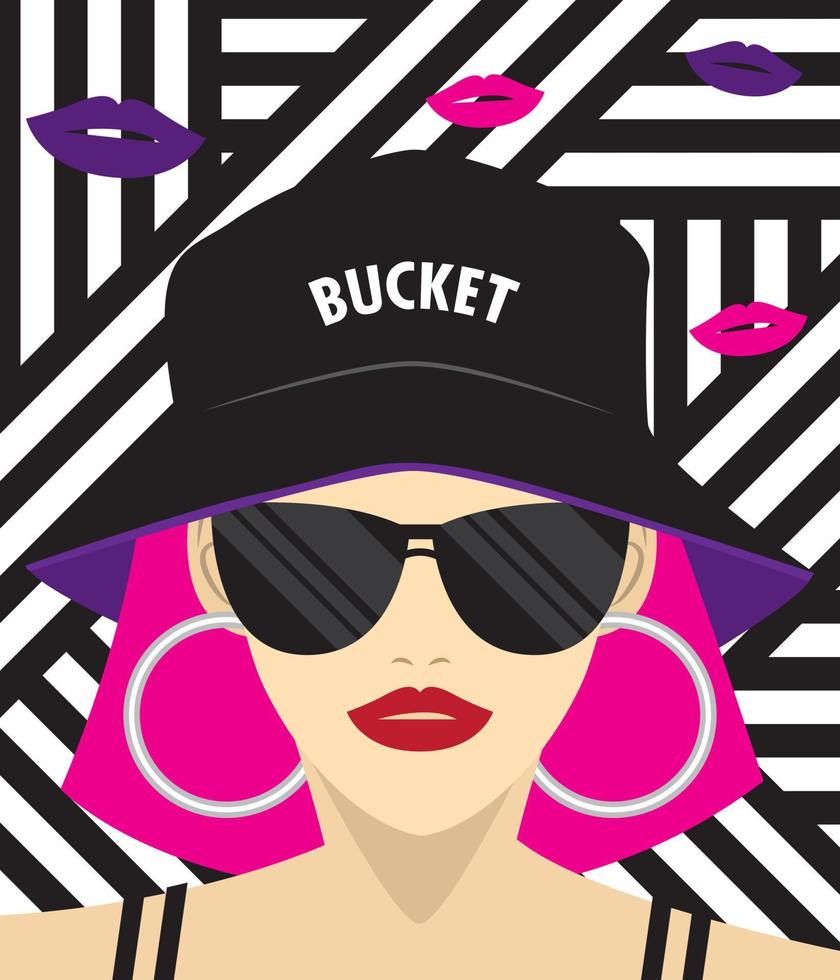 roze haar meisje draagt emmer hoed. mode illustratie vector. vector