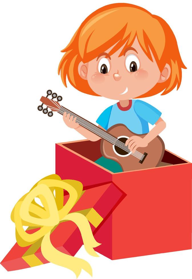 een klein meisje dat gitaar speelt in de huidige doos op een witte achtergrond vector
