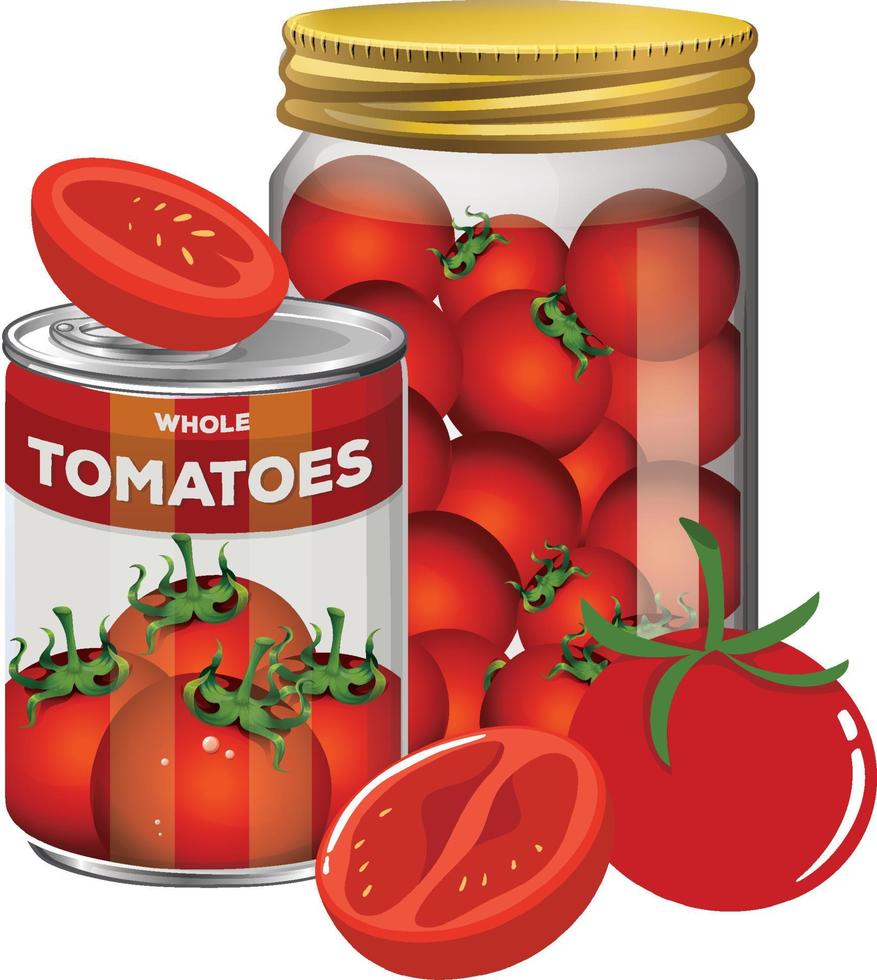 tomatensaus uit blik en tomaten in pot vector