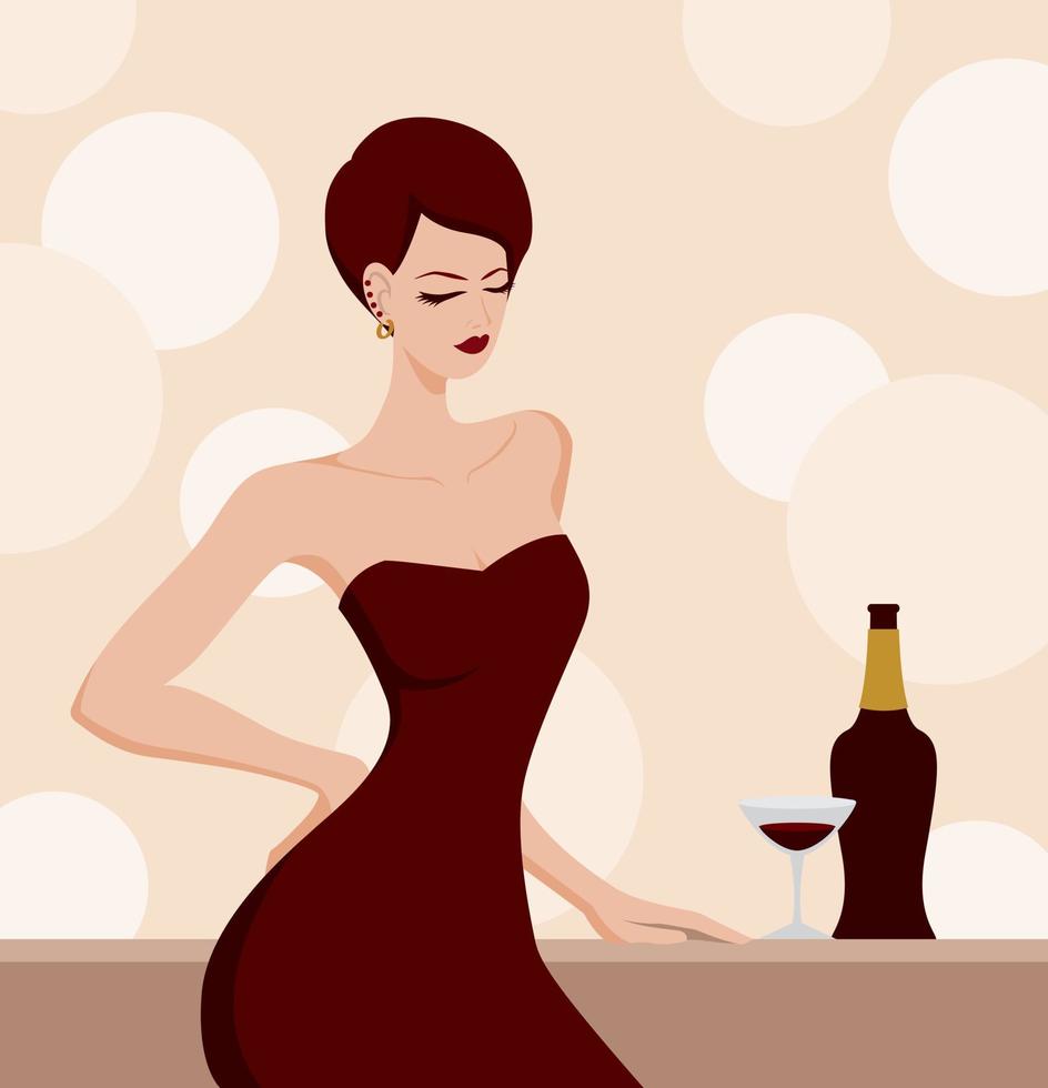 mode illustratie vector bestand. modieuze kort haar vrouw draagt sexy bordeaux rode dress.woman drinkt wijn aan de bar.