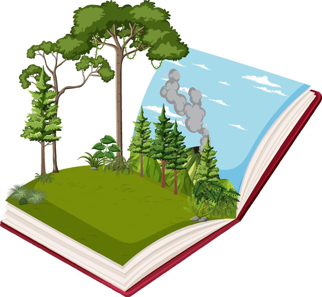 boek met scène van groen bos vector