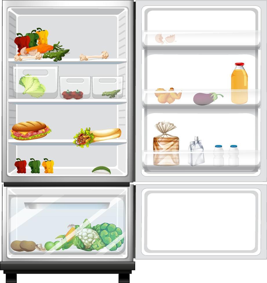 geopende koelkast met voedsel erin vector