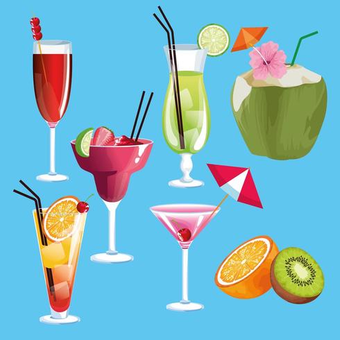 Zomercocktails en fruit pictogrammen vector