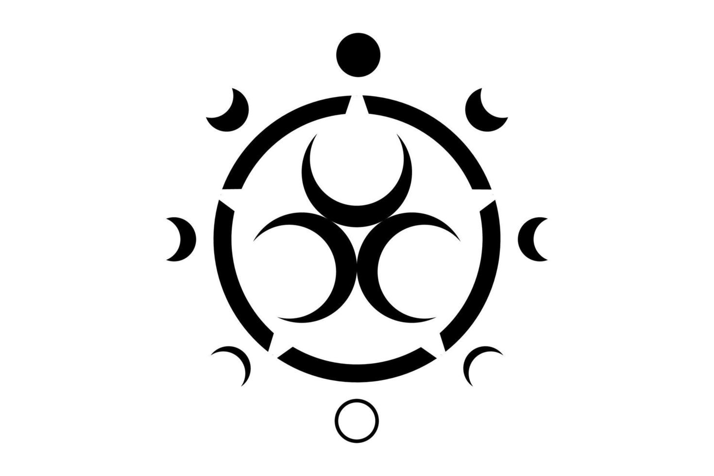 cirkelfasen van de maan, drie halve maansikkels, spirituele mandala, heilige geometrie. Wicca wiel symbool, drievoudige godin vector ronde logo zwarte tatoeage geïsoleerd op een witte achtergrond