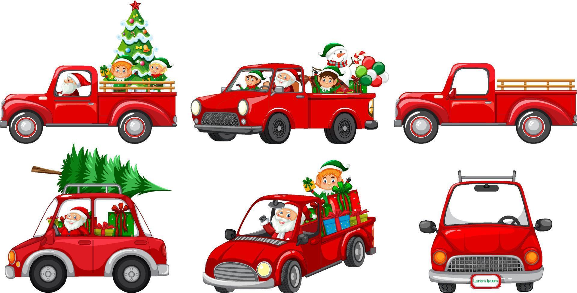 set van verschillende kerstauto's en karakters van de kerstman vector