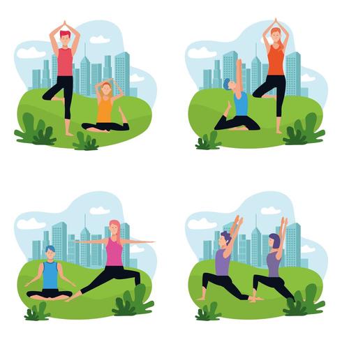 set van paar doet yoga vector