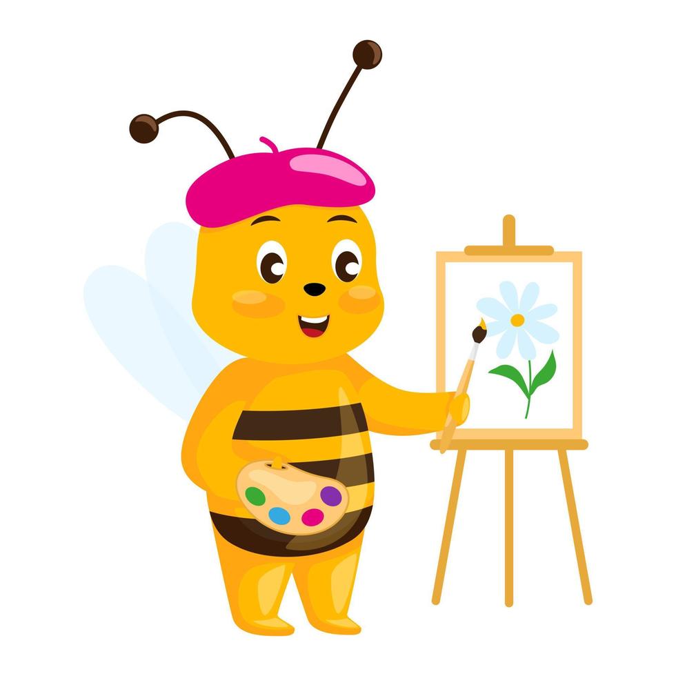 schattige kunstenaar bee geïsoleerd op een witte achtergrond. lachende stripfiguur schilderij bloem. vector