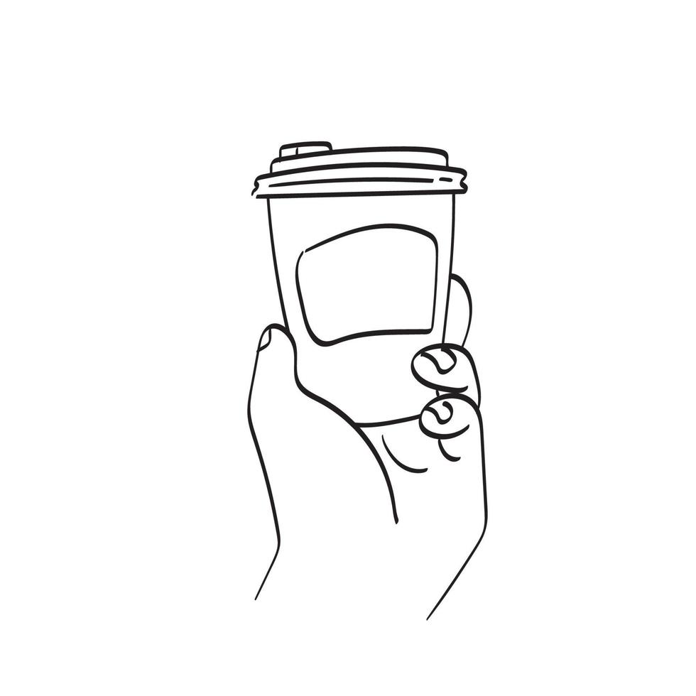 mockup van mannelijke hand met een koffie papier beker illustratie vector hand getrokken geïsoleerd op een witte achtergrond lijntekeningen.