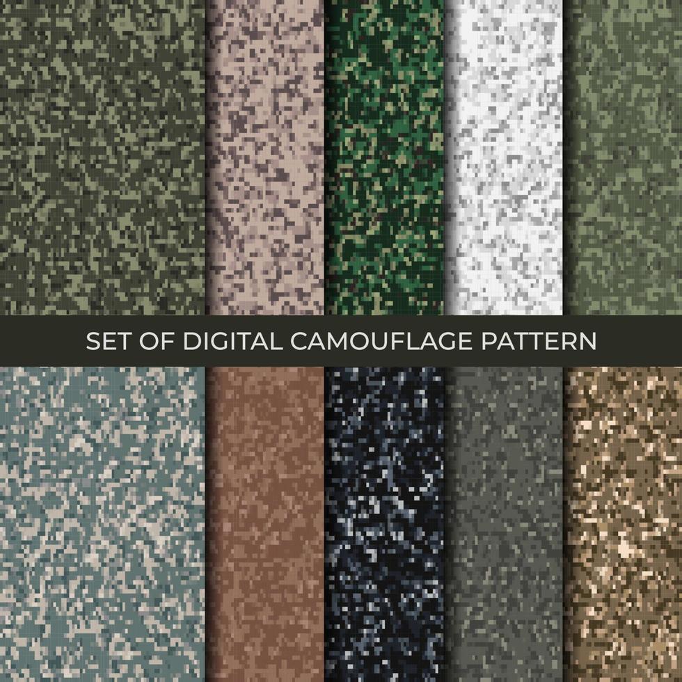 set van 10 digitale camouflagepatronen. abstracte moderne militaire textiel print achtergrond. vector illustratie