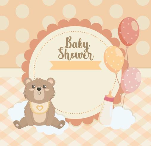 label van teddybeer met ballonnen en zuigfles vector