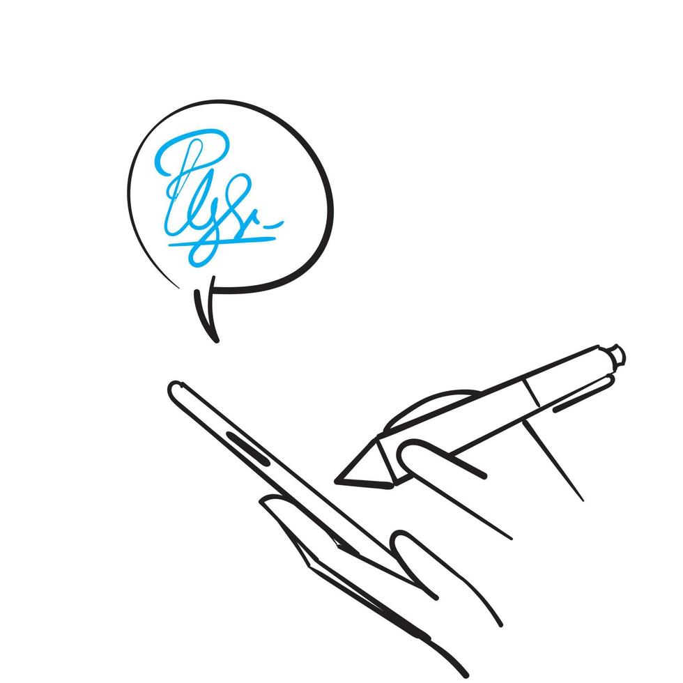 handgetekende doodle schrijft handtekening op mobiel illustratiesymbool voor pictogram voor digitale handtekening vector