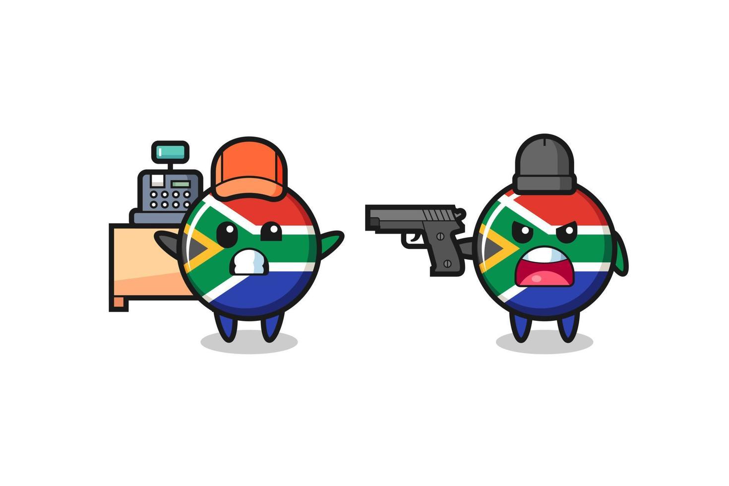 illustratie van de schattige vlag van Zuid-Afrika terwijl een kassier door een overvaller met een pistool wordt gericht vector