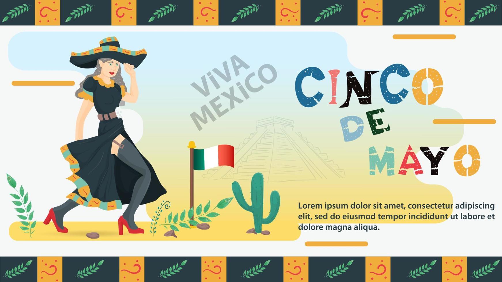 vector platte ontwerp illustratie op het thema van de mexicaanse vakantie cinco de mayo een vrouw in een zwarte jurk en kousen houdt een sombrero hoofdtooi met haar hand