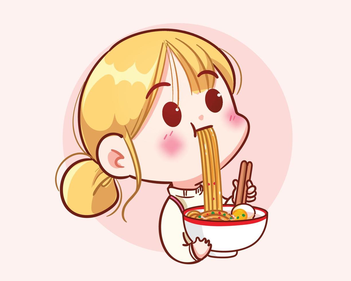 schattig meisje eten noodle logo banner hand getekende cartoon kunst illustratie vector