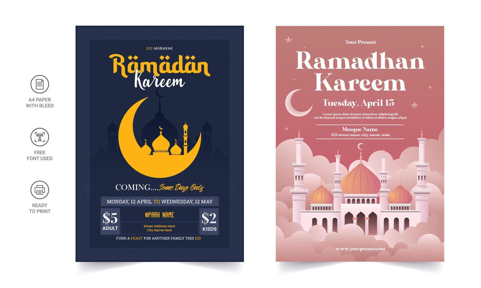 ramadan kareem-flyer. ramadan kareem set posters of uitnodigingen ontwerp. decoratieve retro wenskaart of uitnodiging lay-outontwerp vector