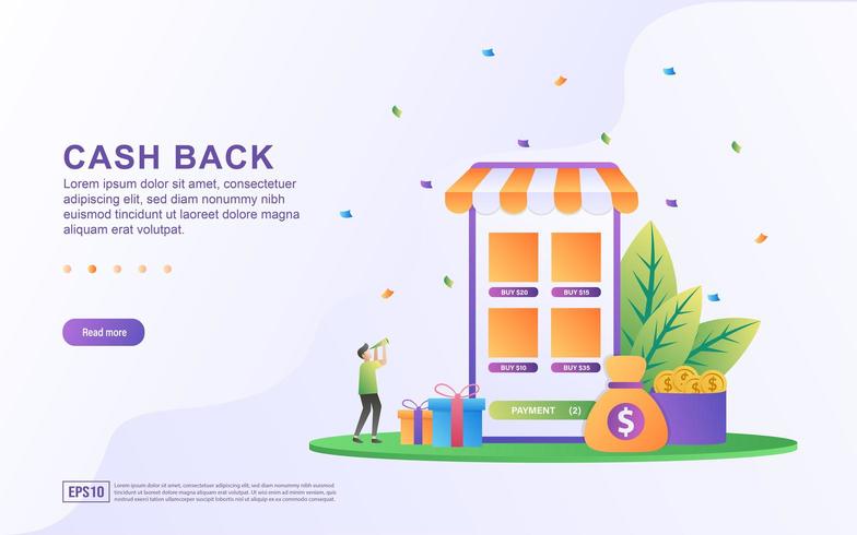 Cash Back-conceptontwerp, mensen die cashbeloningen en cadeau krijgen van online winkelen vector