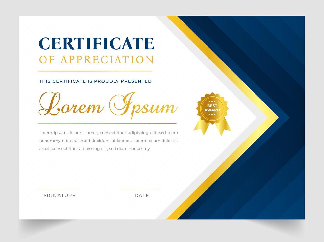 certificaatsjabloon in vector voor voltooiing van het afstuderen. certificaat van waardering sjabloon, schoon modern certificaat met gouden badge. luxe badge en modern lijnpatrooncertificaat