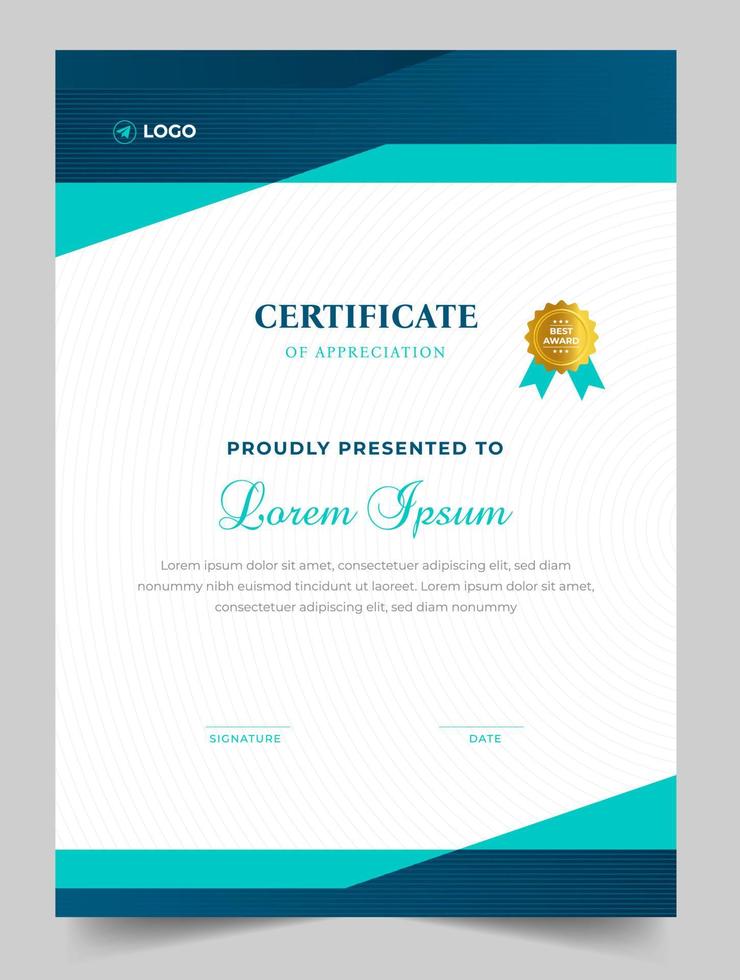 certificaatsjabloon in vector voor voltooiing van het afstuderen. certificaat van waardering sjabloon, schoon modern certificaat met gouden badge. luxe badge en modern lijnpatrooncertificaat