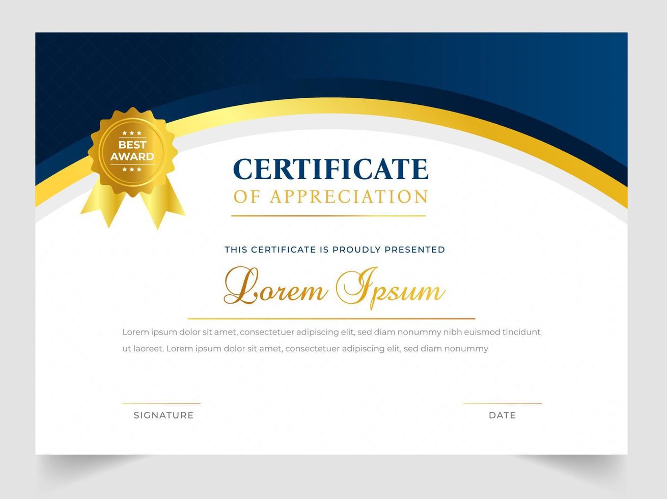 certificaatsjabloon in vector voor voltooiing van het afstuderen. certificaat van waardering sjabloon, schoon modern certificaat met gouden badge. luxe badge en modern lijnpatrooncertificaat