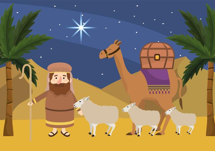 Joseph met schapen en kamelen met palmbomen vector
