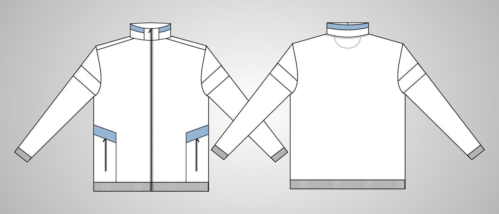 lange nek met mouw jas ontwerp algemene technische schets vector sjabloon in windcheater voor- en achteraanzicht. bomberjack voor heren. jas platte tekening vector mock up.