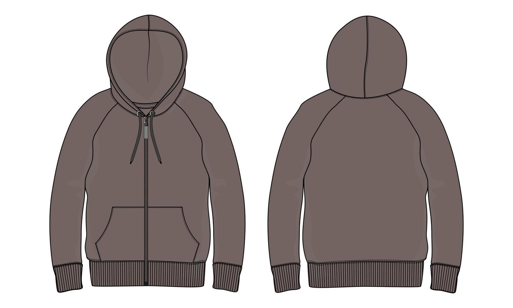 lange mouw hoodie vector illustratie kaki kleur sjabloon voor- en achterkant uitzicht geïsoleerd op een witte achtergrond.