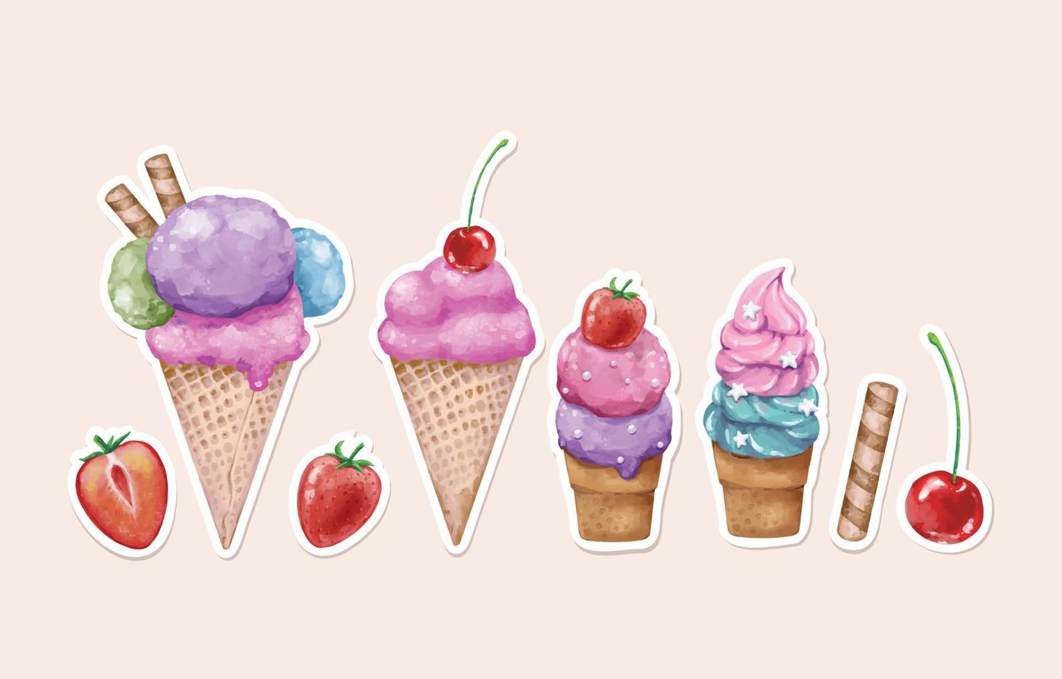 aquarel koude desserts stickerset voor zomerdagboek vector